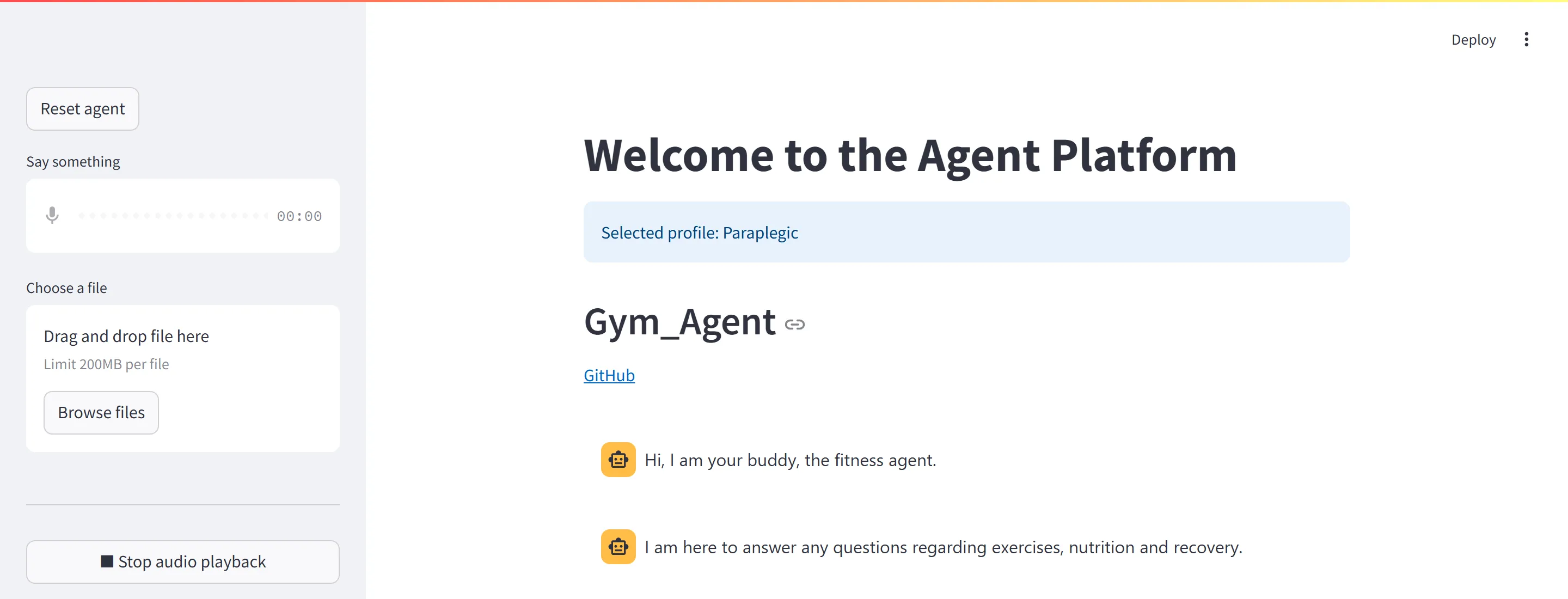 The chat page with Selected profile: Paraplegic and the two greeting messages
