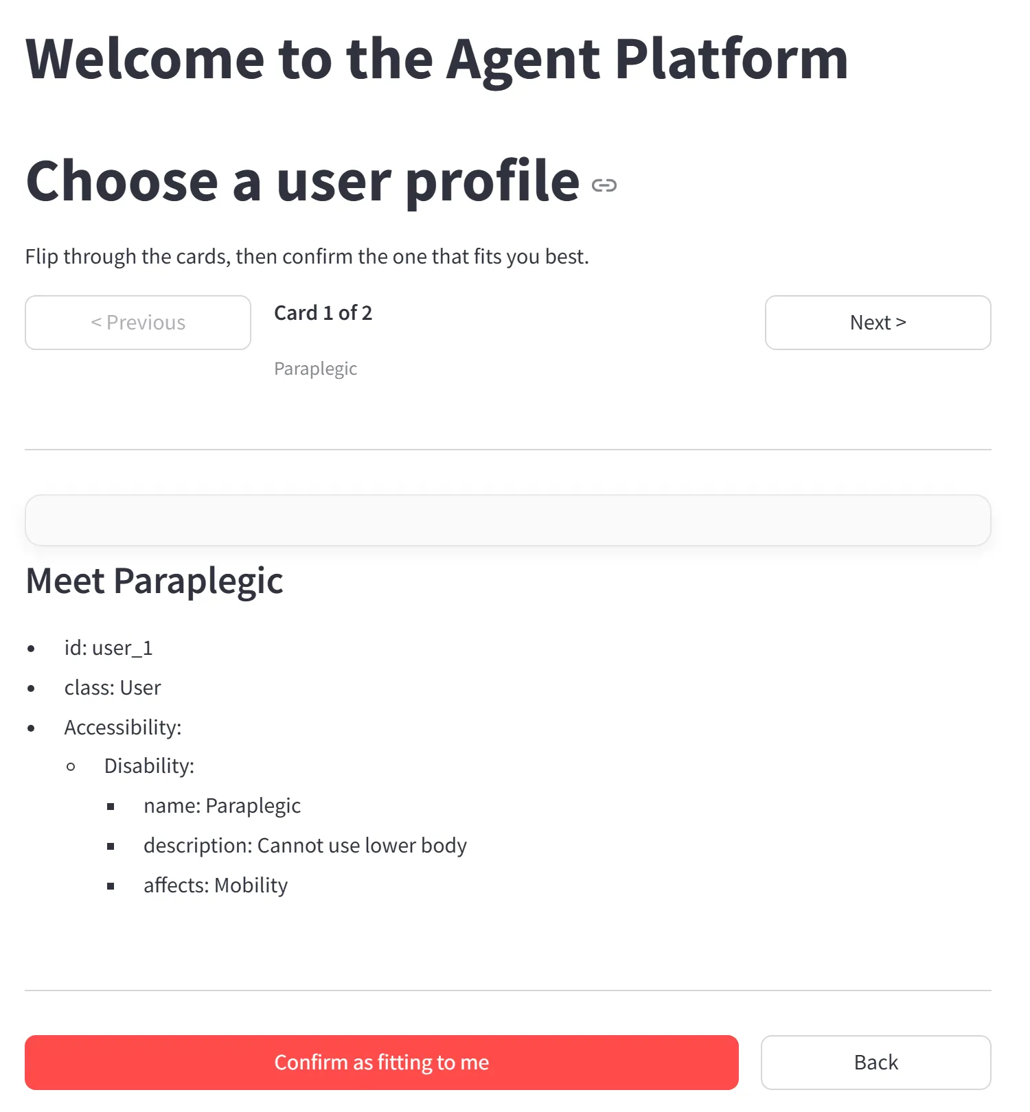 The profile picker showing the Paraplegic card with its disability and the Confirm as fitting to me button
