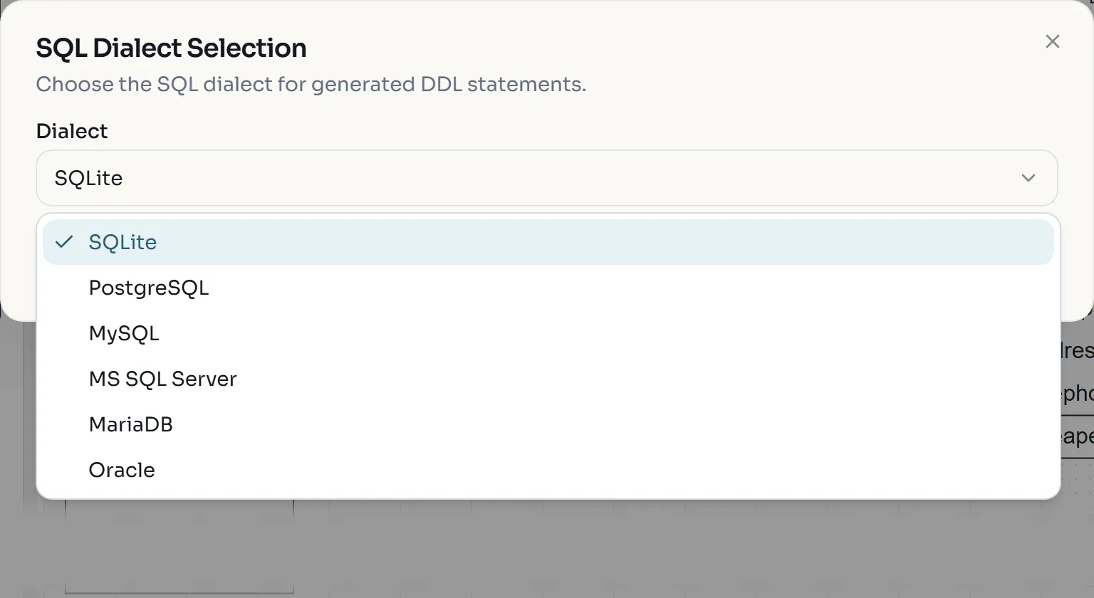SQL Dialect Selection dialog with the dialect list open