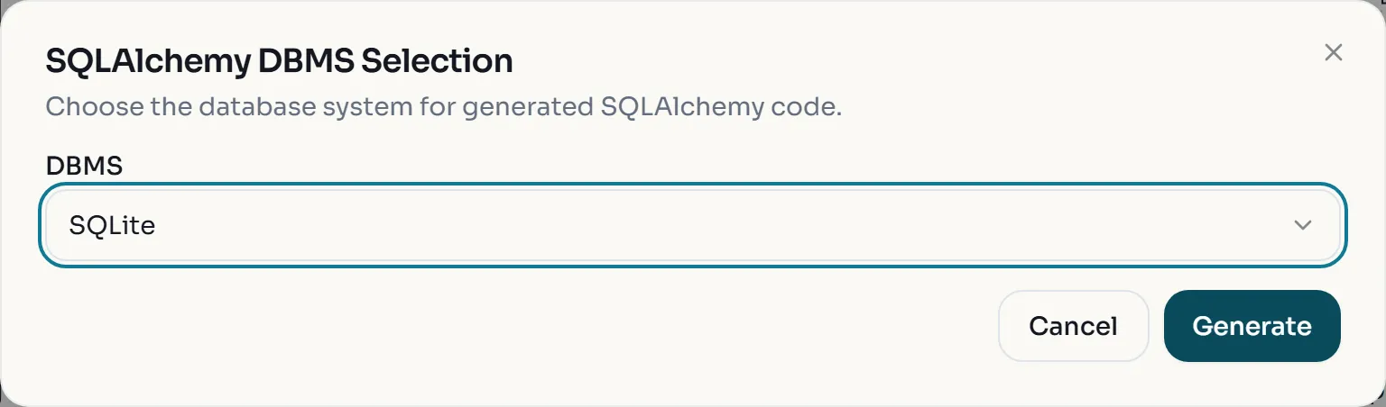 SQLAlchemy DBMS Selection dialog with SQLite selected