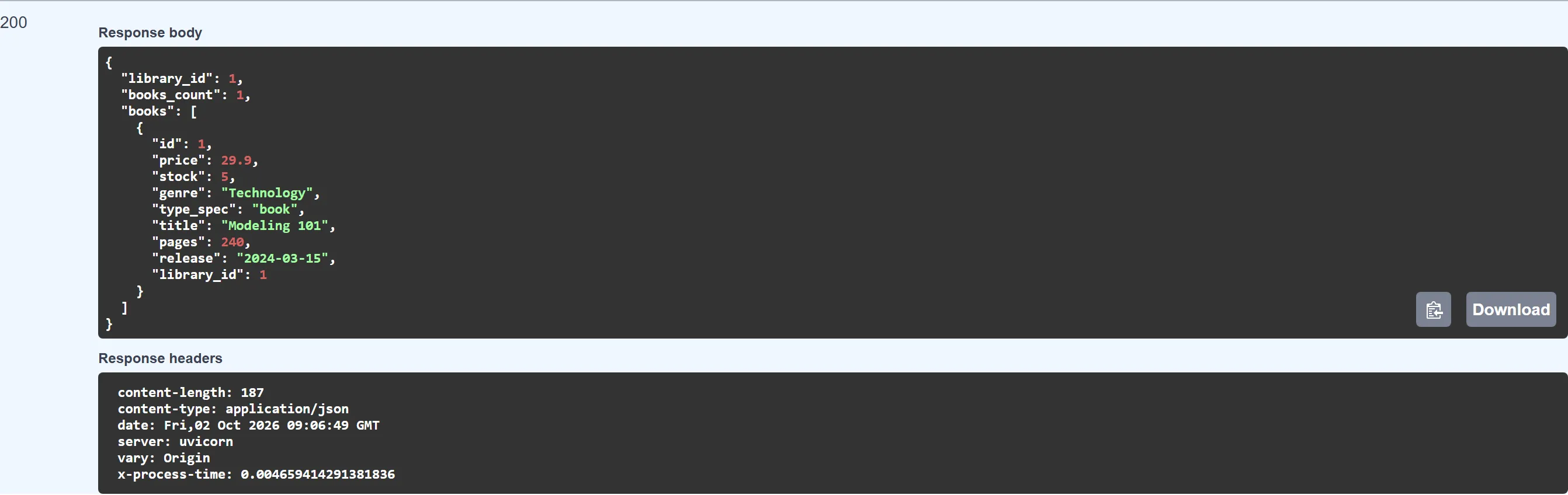 Response of GET /library/1/books/ listing one book with library_id 1
