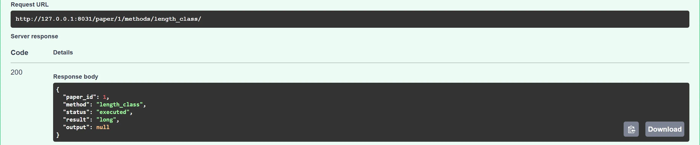 The Swagger response of length_class for paper 1: status executed and result long