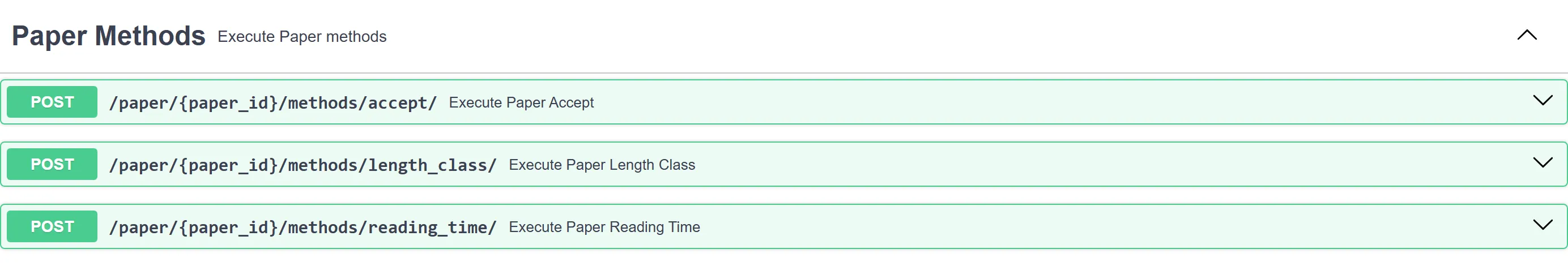 Swagger UI section Paper Methods with POST endpoints for accept, length_class and reading_time