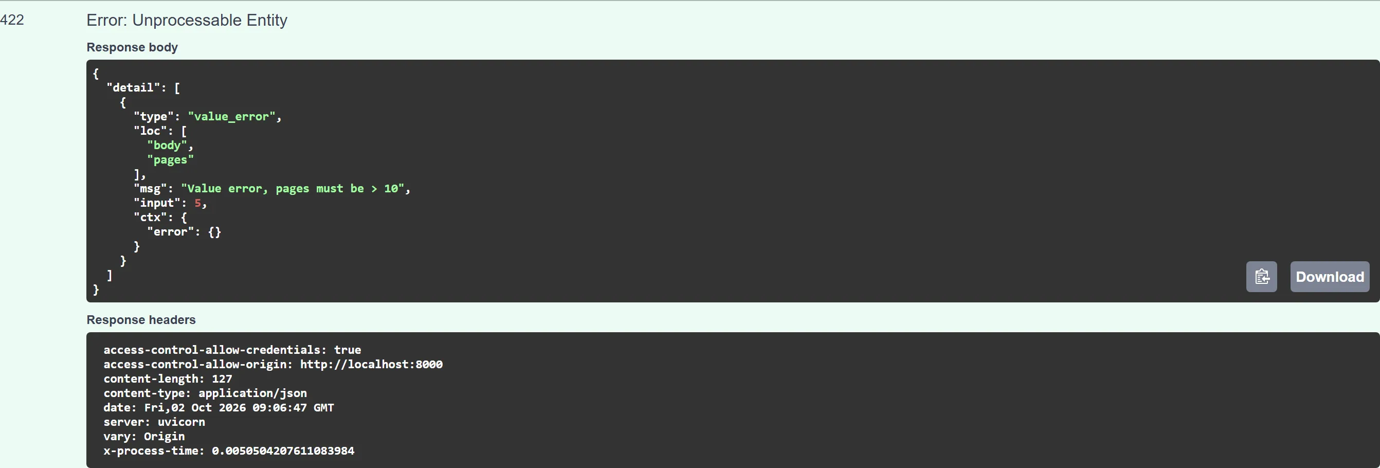 422 response with the message Value error, pages must be > 10