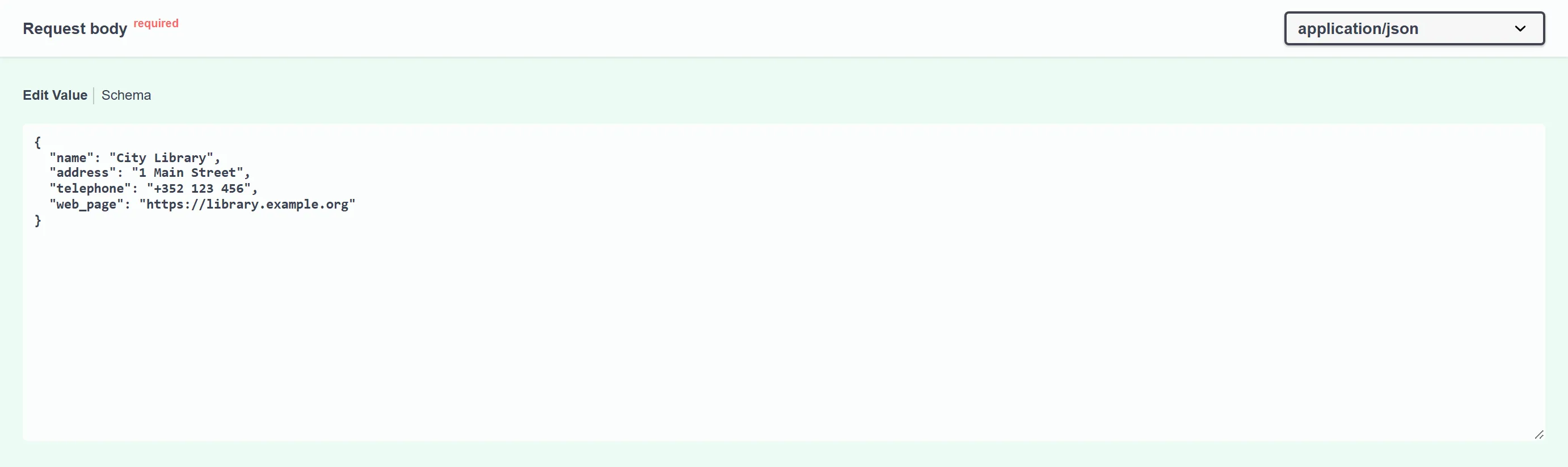 Request body for POST /library/ in Swagger