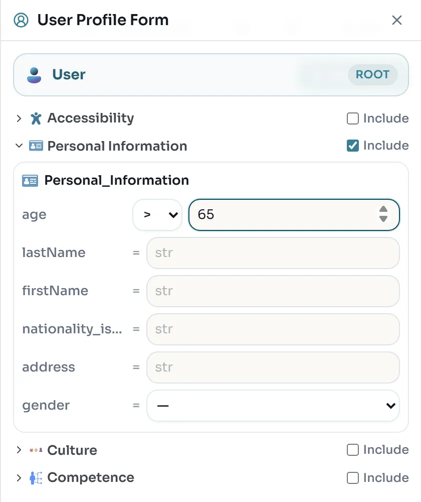 The User Profile Form with Personal Information included and age > 65