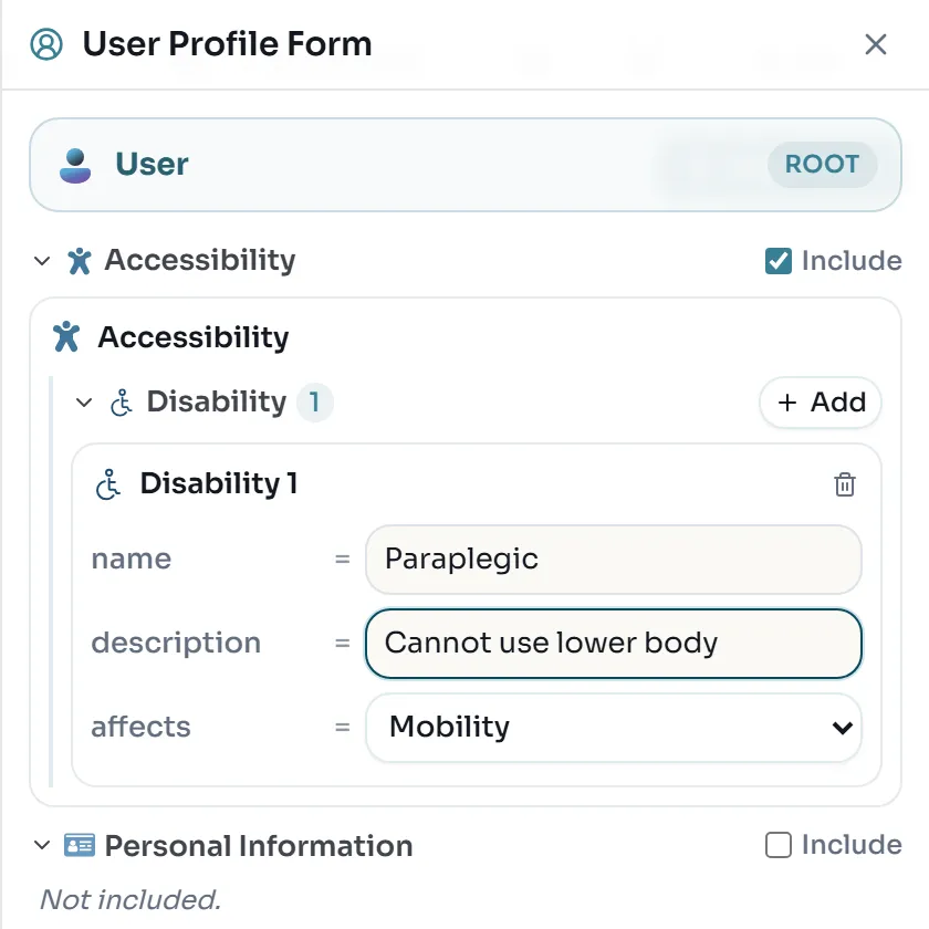 The User Profile Form with Accessibility included and one Disability: Paraplegic, Cannot use lower body, Mobility