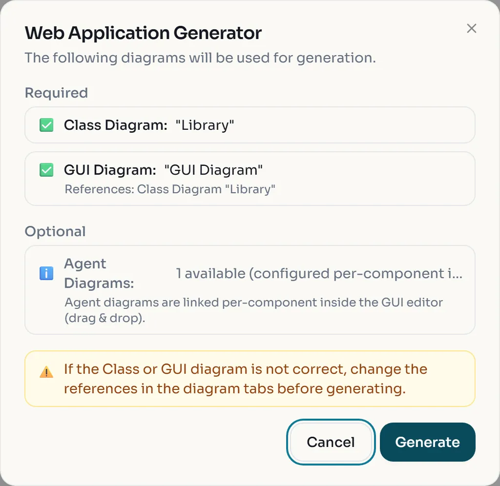 Web Application Generator dialog with the Library class diagram and the GUI diagram ticked and one agent diagram available